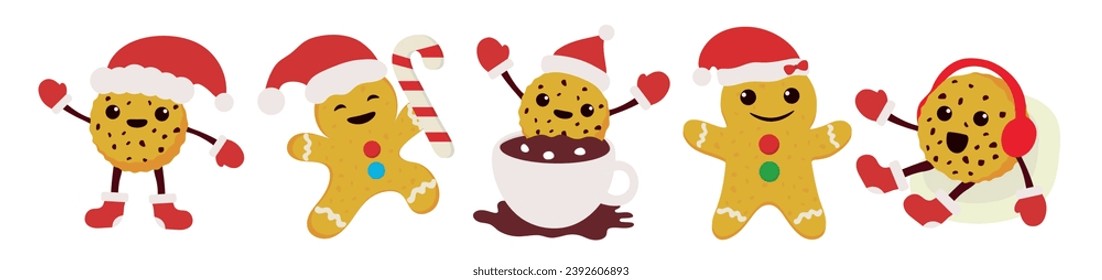 Set of illustrations with Christmas cookies. Funny cookies with a Christmas hat, headphones, with sweets and in a cup of hot drink. Vector illustration.