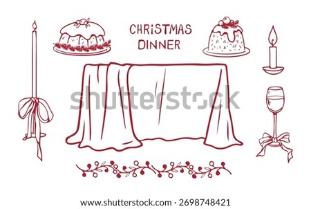 Set with illustrations for Christmas dinner. New Years table, cake, pies, candles and glass. Monochrome red Christmas illustration on white background. Vector illustrations for New Year