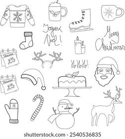 Set illustrations christmas features vector celebration reindeer snowman beanie mittens mug sweater