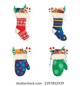 Set of illustrations of Christmas nights and mittens with gifts. Vector graphic.