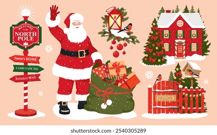 Set of illustrations with Christmas scenes. Santa Claus with gift bag, birdhouse with bullfinches, decorated house, North Pole road sign, vintage lantern. Isolated vector clipart.