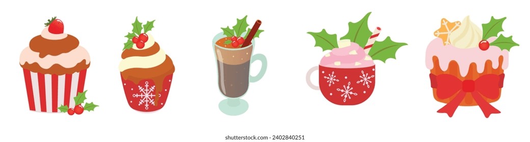 Set of Illustrations with Christmas sweets. Sweets for the Christmas table with chocolates, ice cream, delicious hot drinks, fruits, candies and marshmallows. Vector illustration.