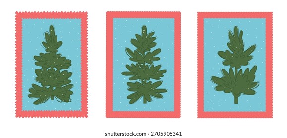 Um conjunto de ilustrações de uma árvore de Natal. Árvores de Natal verdes com neve branca em um fundo azul claro em uma moldura vermelha. Pinturas para o novo ano com abetos vetoriais.