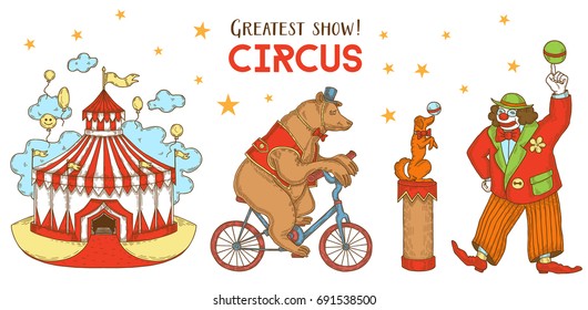 Set of illustrations for the circus, Bear on a bicycle, Clown with a trained dog