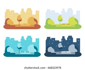 A set of illustrations of the city park on a background of buildings with trees and benches. Vector illustration flat design.