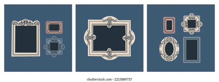 Set of illustrations of classic carved photo frames. Decorative frame for photos and drawings. Rectangular, oval, carved frame for a museum or gallery. Vector for design.