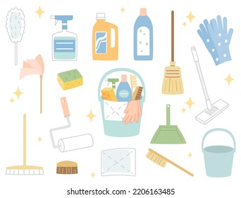A set of illustrations of cleaning tools.