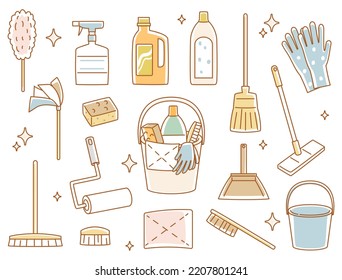 A set of illustrations of cleaning tools.