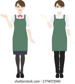 A Set Of Illustrations Of Clerk  Uniforms. A Store Clerk Who Wears A Mask And Gloves To Prevent Infection.