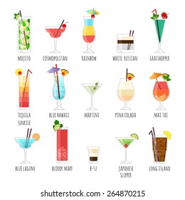 Set of illustrations club cocktails.  On a white background with the names.