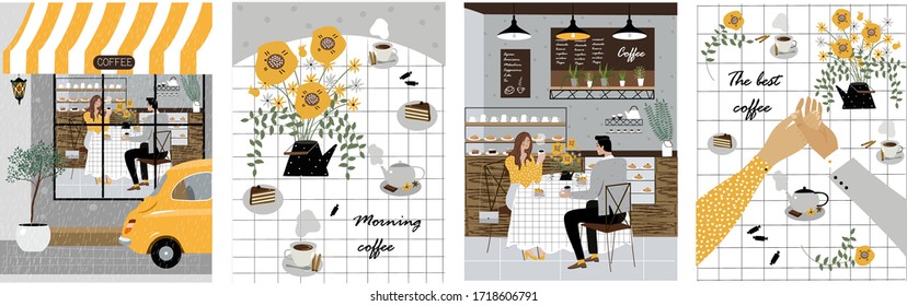 
Set of illustrations with coffee and a couple. Vector cute images for cards, print, books, banners, business.