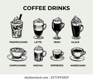 Set of illustrations of coffee drinks, cappuccino, americano, latte, mocha, irish. Vector sketch, hand drawn