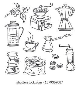 Set of illustrations for a coffee shop. Coffee grinder, cup, french press, teapot.