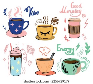 A set of illustrations of coffee and tea cups decorated with a modern pattern. Flat illustrations in modern style