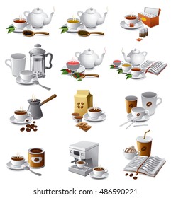 set of illustrations of coffee and tea drinks