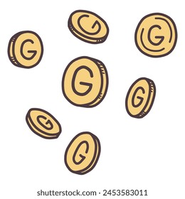 Set of illustrations of coins from various angles with the letter G