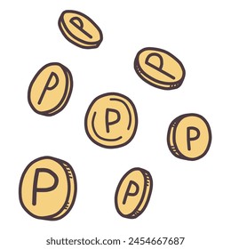 Set of illustrations of coins from various angles with the letter P