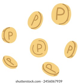 Set of illustrations of coins from various angles with the letter P