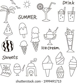 A set of illustrations of cold summer desserts and drinks drawn with lines.