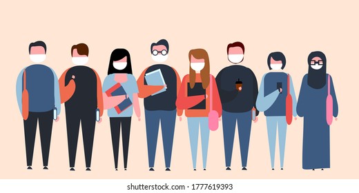 Set Of Illustrations Of College Students With Mask, College Student With A White Mask, Carry Books,bags, Go To Campus