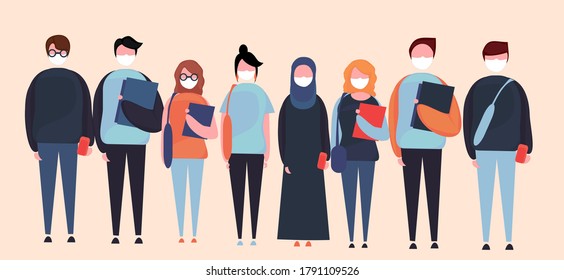 Reihe von Illustrationen von Studenten mit Maske, Student mit einer weißen Maske, tragen Bücher, Taschen, gehen auf den Campus