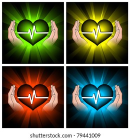 set of illustrations of color hearts and hands