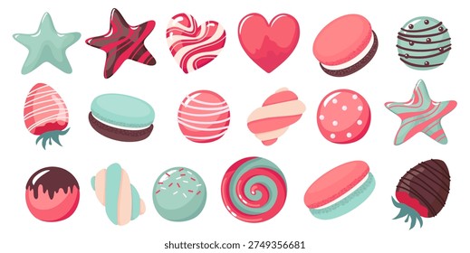 A set of illustrations of colored caramel in various types and shapes. A set of sweets on a white background: caramel, macarons, marshmallows, and chocolate-covered strawberries. Illustrated vector clipart. Hand draw no ai.