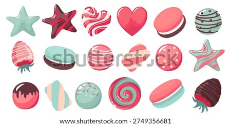 A set of illustrations of colored caramel in various types and shapes. A set of sweets on a white background: caramel, macarons, marshmallows, and chocolate-covered strawberries. Illustrated vector clipart. Hand draw no ai.