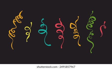 Set of illustrations with colorful bright serpentine ribbons, on a dark background. Anniversary, celebration, greeting illustration in flat simple style. 