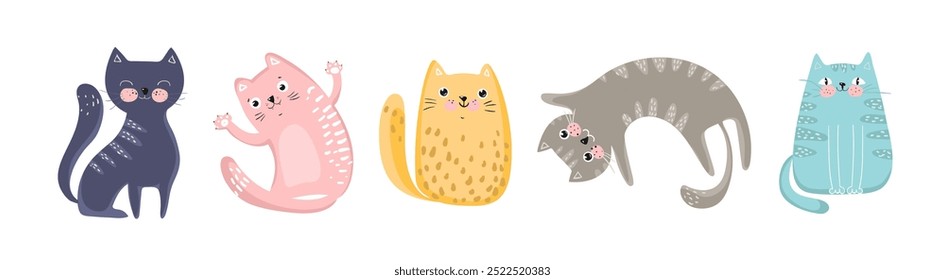 Set of illustrations colorful cats in various poses, vector