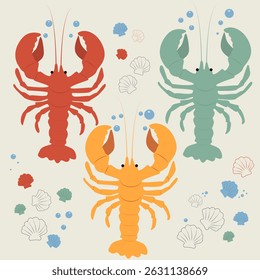 Conjunto de ilustrações de lagostins coloridos debaixo d'água. Grandes adesivos de lagostim em vermelho, amarelo e verde com bolhas de ar