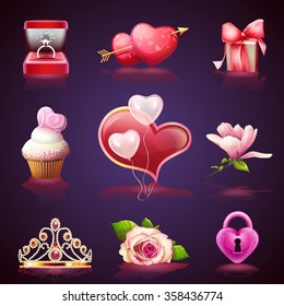 set illustrations colorful elements Valentines Day: ring, flowers, heart, gifts