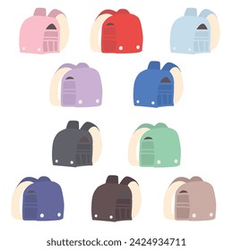 Set of illustrations of colorful, simply deformed, hand-drawn school bags