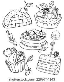 A set of illustrations for a coloring book with cake, sweets. Contour drawing on a white background with fruit and cream. Festive pastries and desserts. Vector