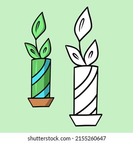 A set of illustrations for a coloring book. Indoor plant in a high ceramic pot, tropical flower, cartoon vector illustration on a round pink background