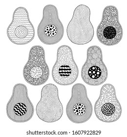 Set of illustrations coloring book page for children with outlines of avocado. Illustration for kids education or adult antistress. Hand-drawn, doodle, zentangle style. Set of illustrations.