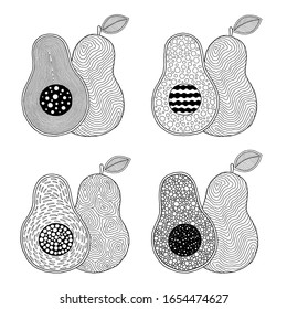 Set of illustrations coloring book page for children with outlines of avocado. Illustration for kids education or adult antistress. Hand-drawn, doodle, zentangle style. Set of illustrations.