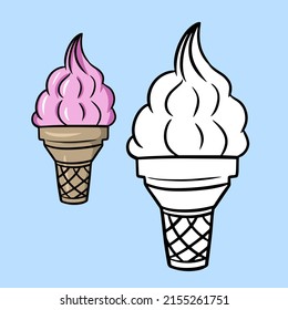 A set of illustrations, a coloring book. Pink fruit ice cream in a waffle cup, cone, sweet cold dessert, cartoon vector illustration on a blue background