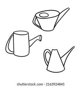 A set of illustrations for coloring books, cartoon watering cans for watering plants, housework and gardening. Vector illustration on a white background