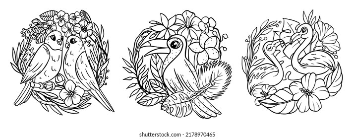 A set of illustrations for coloring on the theme of birds and exotic plants. Outline drawings of toucans, parrots and flamingos for coloring.