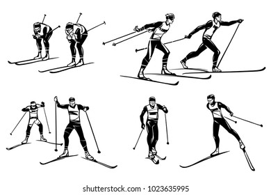 Set of illustrations of competitions on cross-country skiing. Hand drawn illustration.