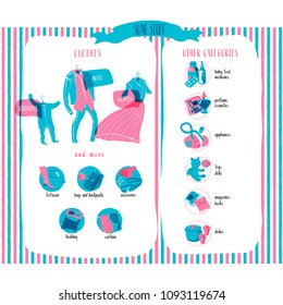 A set of illustrations. It is comprising various categories of clothing and other things. Style is a drawn by hand. Two colors blue and pink.