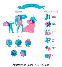 A set of illustrations. It is comprising various categories of clothing and other things. Style is a drawn by hand. Two colors blue and pink.
