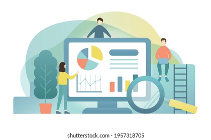 A set of illustrations of computers and people related to business, marketing, etc.