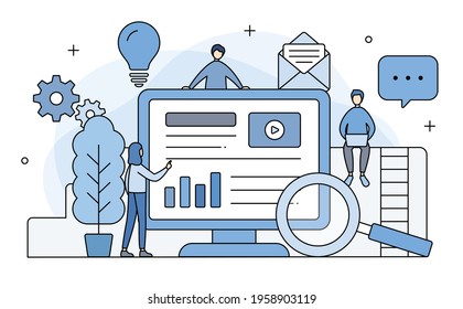 A set of illustrations of computers and people related to business, marketing, etc.