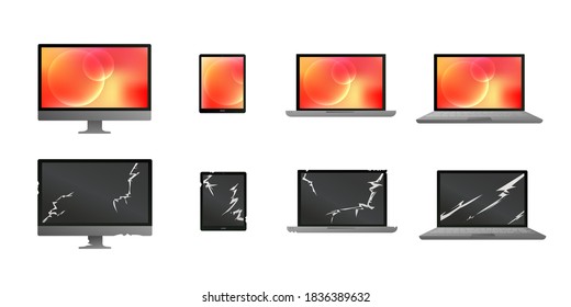 Set of illustrations of computers and tablets on a white background. Big new broken computer. Destroyed devices. Urgent repair of electronic equipment.