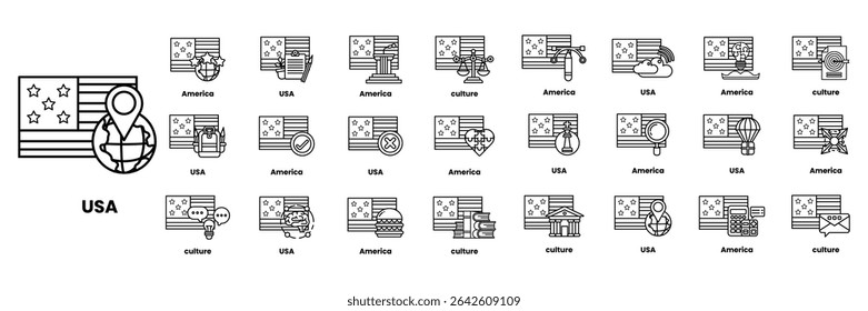 Um conjunto de ilustrações no conceito de bandeiras americanas e coisas em estilo de arte linear