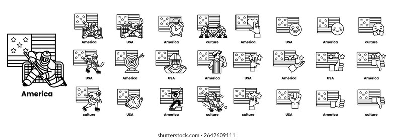 A Set of illustrations in the concept of American flags and things in line art style