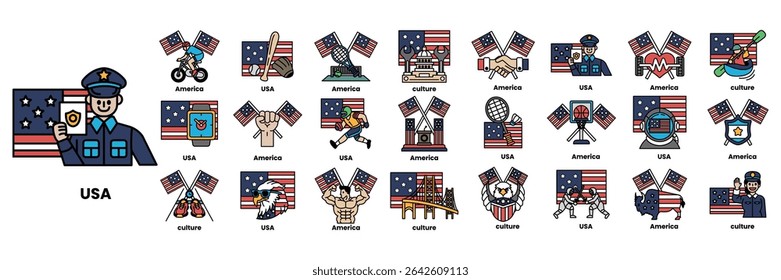 Un conjunto de ilustraciones en el concepto de banderas americanas y cosas en estilo de arte de línea