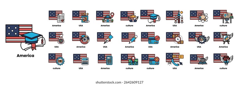 Un conjunto de ilustraciones en el concepto de banderas americanas y cosas en estilo de arte de línea
